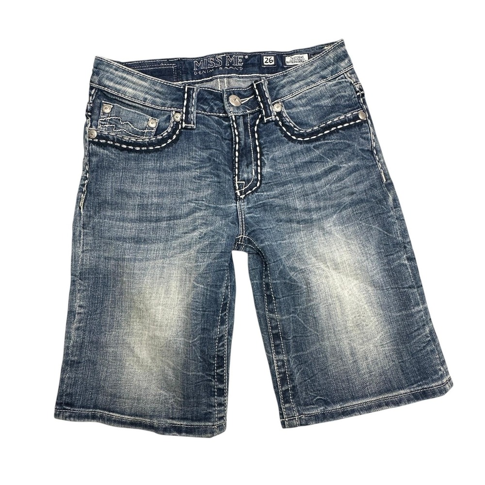 Miss Me Shorts Womens 26 Blue Boyfriend Bermuda Embroidered Denim Distressed